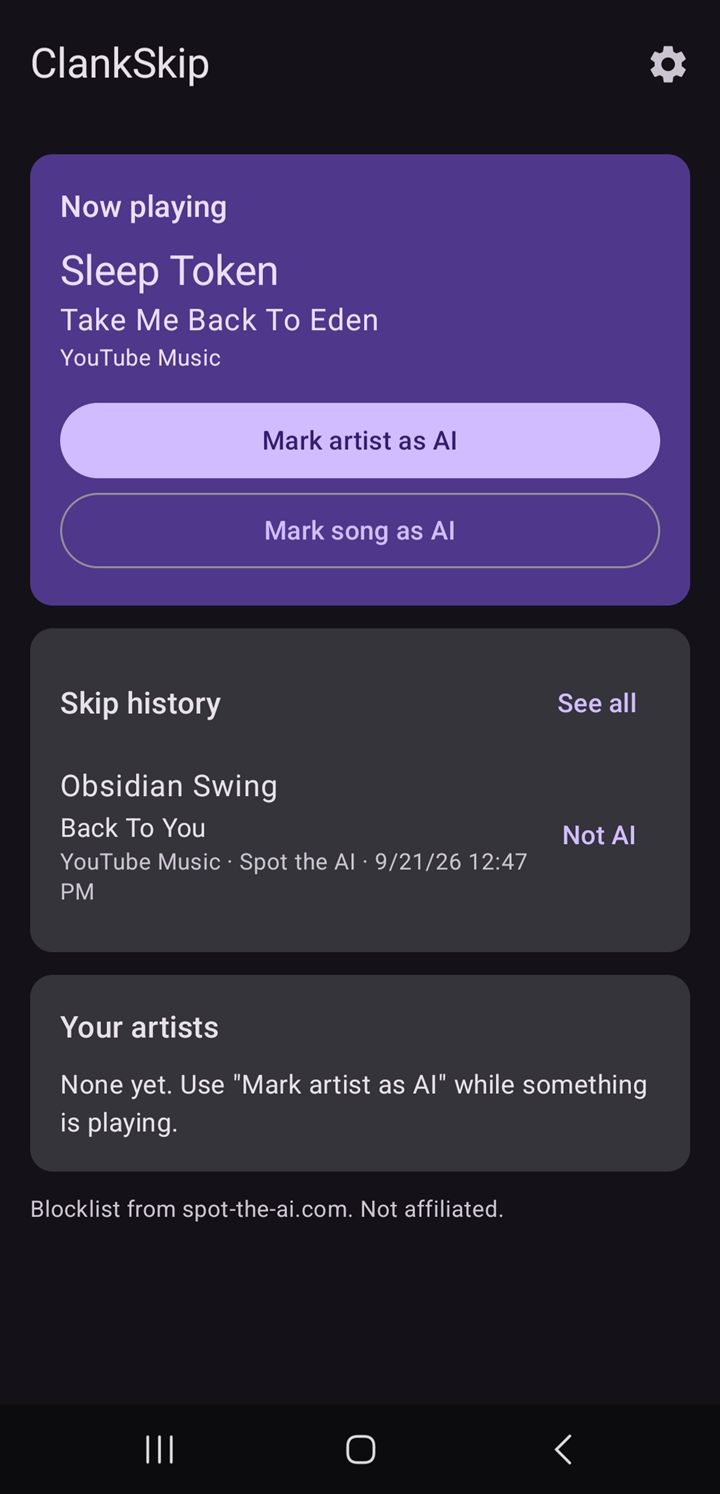ClankSkip home screen showing the song that's playing and recent skips