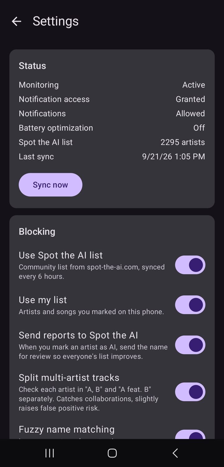 ClankSkip settings showing status and blocking options